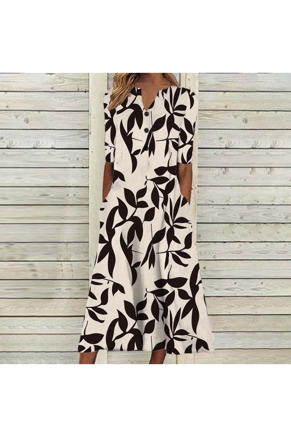 Womens Summer Dresses Shirt Dress Black Long Plus Size Floral Short Sleeve Dresses with Pockets