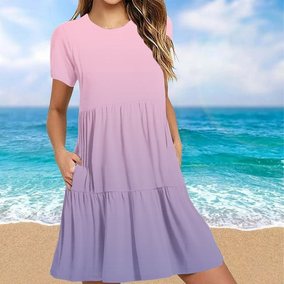 Sakmal Womens Summer Dresses Vacation T Shirt Midi Pink Dress Short Sleeve A Line Dresses with Pockets