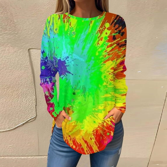 Sakmal Womens Summer Tops Long Sleeve Crew Neck Tie Dye Tunic Plus Size Ladies Shirts