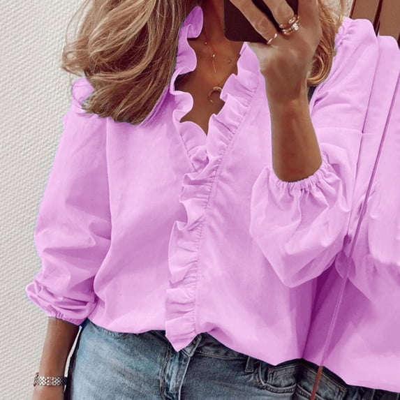 Sakmal Womens Summer Tops Long Sleeve Purple Ruffle V-Neck Solid Blouses Womens T Shirts