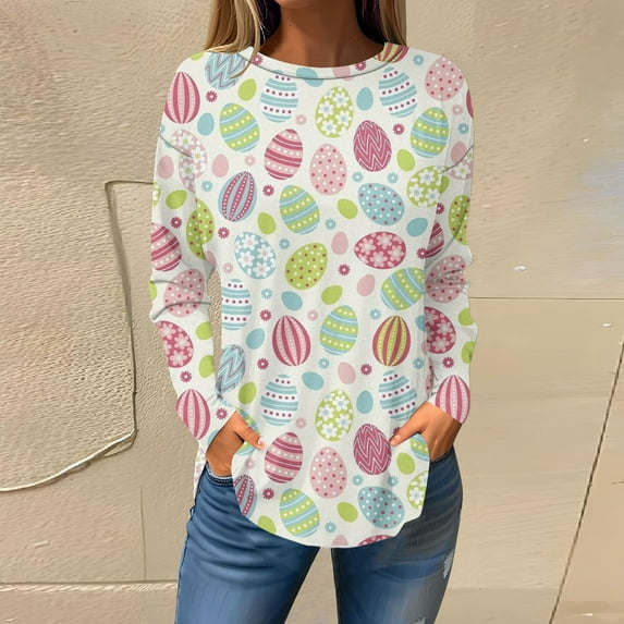 Sakmal Womens Summer Tops Yellow Long Sleeve Graphic Boatneck Easter Tunic Shirts for Women