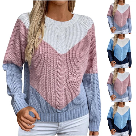 Sakmal Womens Sweater Cable Knit Oversized Blue Crew Neck Patchwork Knitted Womens Sweater L