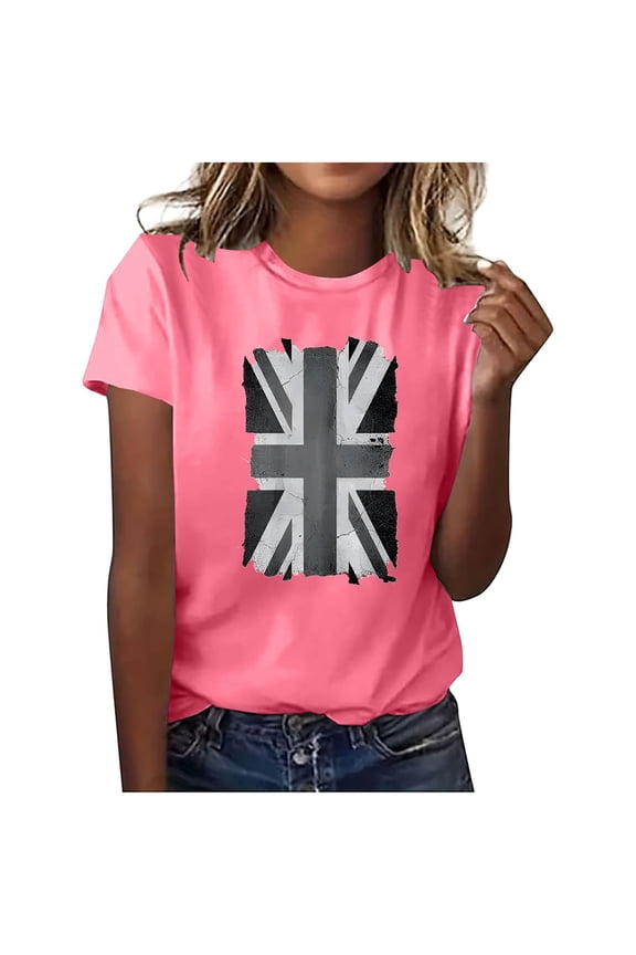 Womens T Shirts Graphic Crew Neck Short Sleeve Union Jack Tops Casual T-Shirts Tops for Women Trendy
