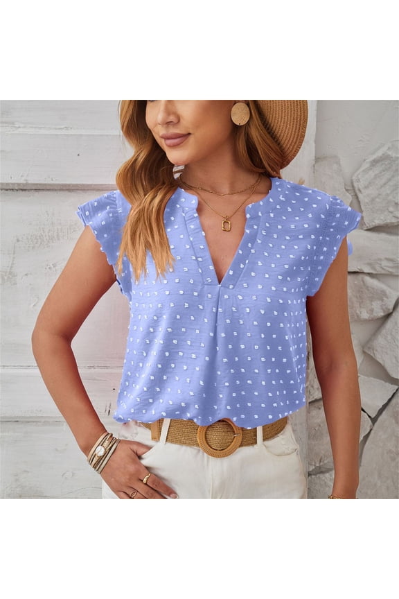 Womens Tank Tops Plus Size Polka Dot Blue Notch Neck 1/4 Sleeve Comfort Fit Ruffle Tunic Tops