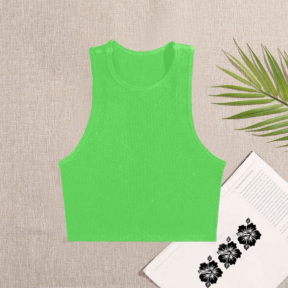 Sakmal Womens Tank Tops Summer Crew Neck Yellow Ribbed Slim Sexy Summer Sleeveless Tops