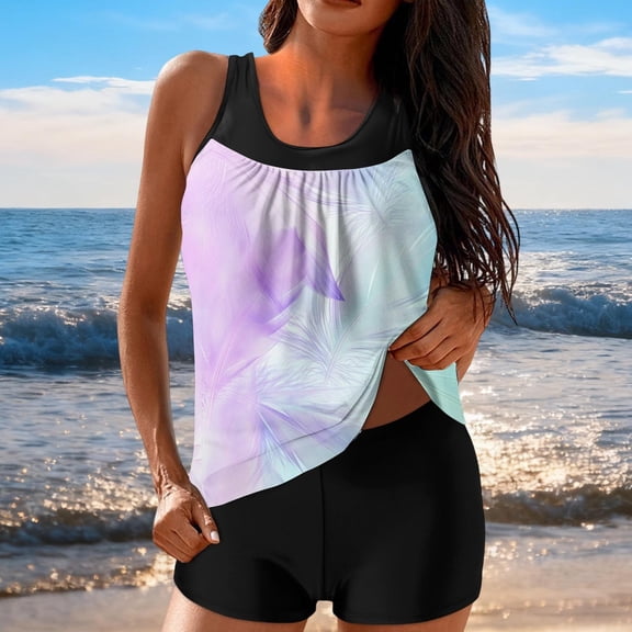 Sakmal Womens Tankini Btahing Suits Two Piece Full Coverage Swimwear Graphic Beach Womens Swimsuits L