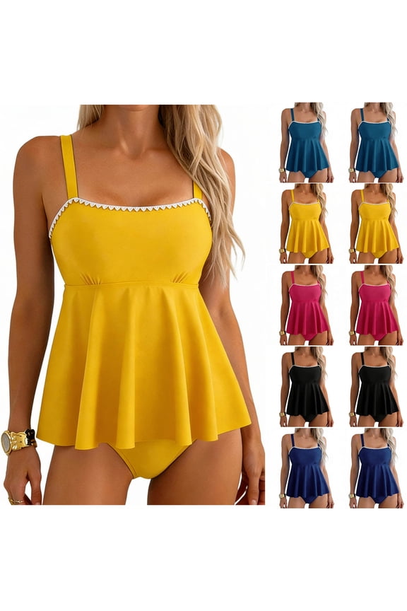 Womens Tankinis Modest Full Coverage Swimwear Black Solid Vacation Womens Bathing Suits with High Waisted Bottom