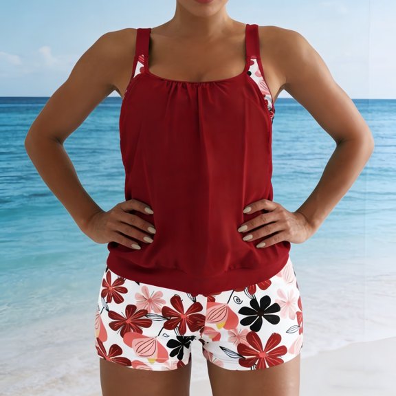 Sakmal Womens Tankinis Two Piece Full Coverage Swimwear Floral Summer Red Womens Bathing Suits XL