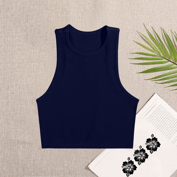 Sakmal Womens Tanks Blue Crew Neck Slim Ribbed Sexy Casual Cami Sleeveless Summer Tops