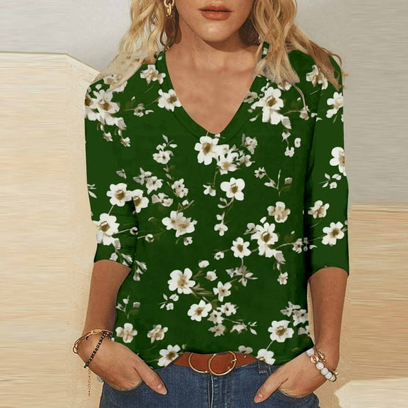 Sakmal Womens Tops Casual Green 3/4 Sleeve Floral V-Neck T-Shirts Shirts for Women