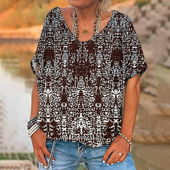Sakmal Womens Tops Brown Short Sleeve Asymmetrical Vintage Floral V-Neck T-Shirts Shirts