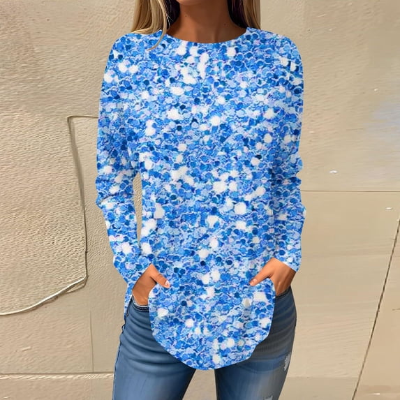 Sakmal Womens Tops Casual Long Sleeve Blue Crew Neck Floral Tunic Womens Shirts Clearance