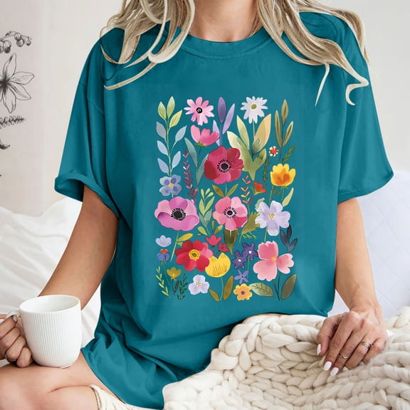 Sakmal Womens Tops Casual Short Sleeve Crew Neck Blue Graphic Loose Fit Tunic Ladies Shirts for Summer