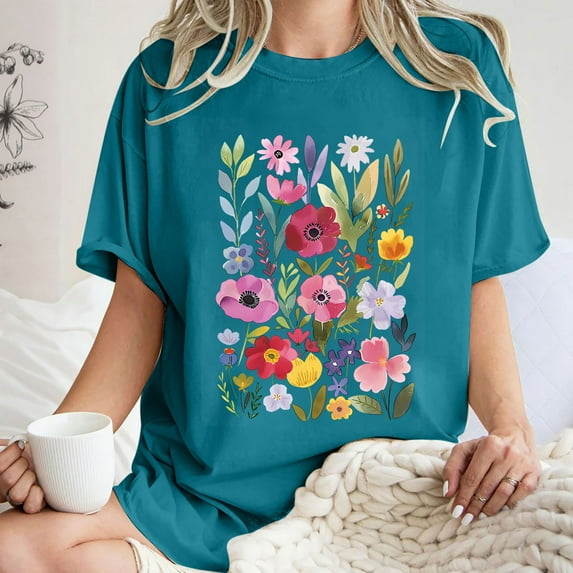 Sakmal Womens Tops Casual Short Sleeve Crew Neck Blue Graphic Loose Fit Tunic Ladies Shirts for Summer