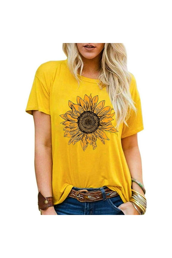 Womens Tops Under $10 Short Sleeve Crew Neck Graphic Sunflower T-Shirts Plus Size Ladies Shirts