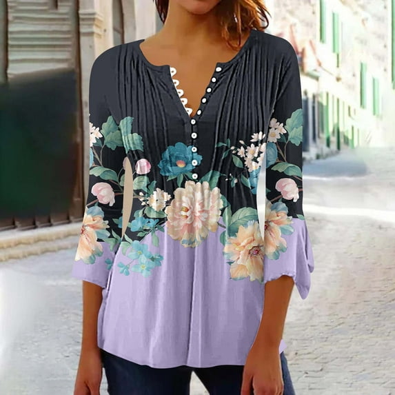 Sakmal Womens Tops Under $5 3/4 Sleeve Purple Button Floral V-Neck Tunic T Shirts for Women