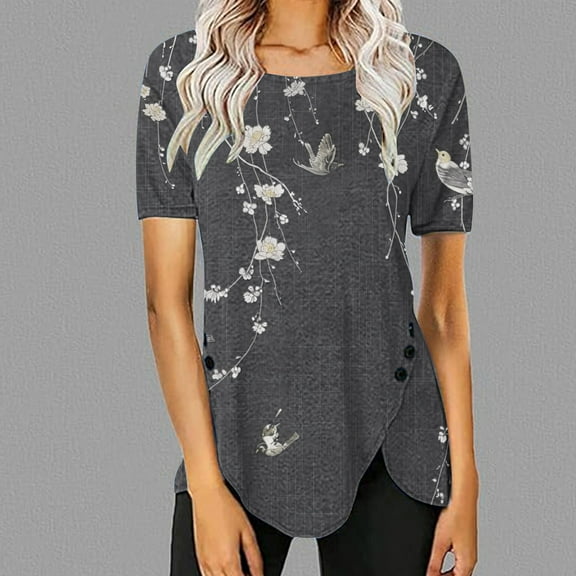 Sakmal Womens Tops Under $5 Short Sleeve Gray Crew Neck Asymmetrical Loose Graphic Tunic Womens T-Shirts