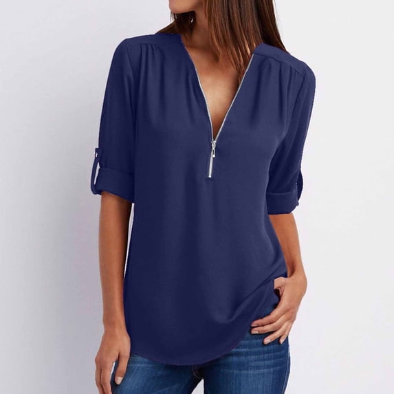 Sakmal Womens Tops Under $5 Short Sleeve V-Neck Quarter Zip Solid Tunic Womens Shirts for Summer