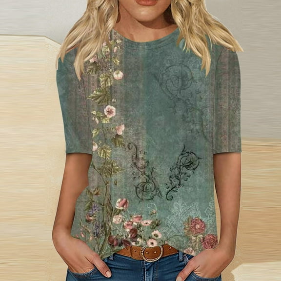 Sakmal Womens Tops Elbow-Length Graphic Crew Neck T-Shirts Womens Shirts Under $5