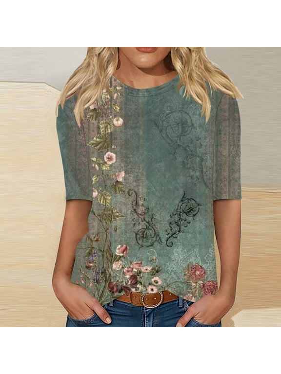 Womens Tops Elbow-Length Graphic Crew Neck T-Shirts Womens Shirts Under $5