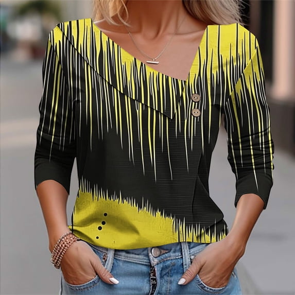 Sakmal Womens Tops Fashion Yellow Button Down Shirts Graphic Long Sleeve Collared Shirts for Women