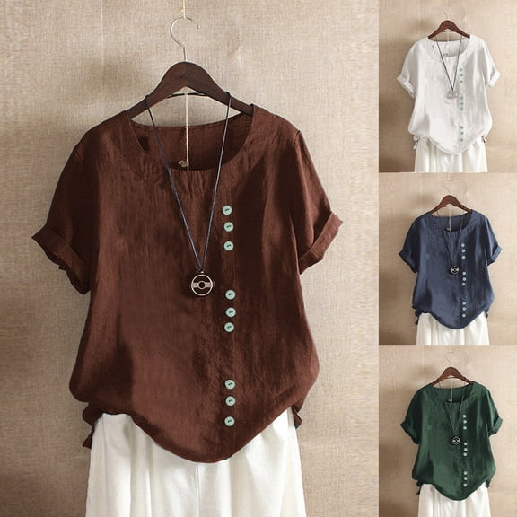 Sakmal Womens Tops Gray Short Sleeve Button V-Neck Solid T-Shirts Womens Shirts