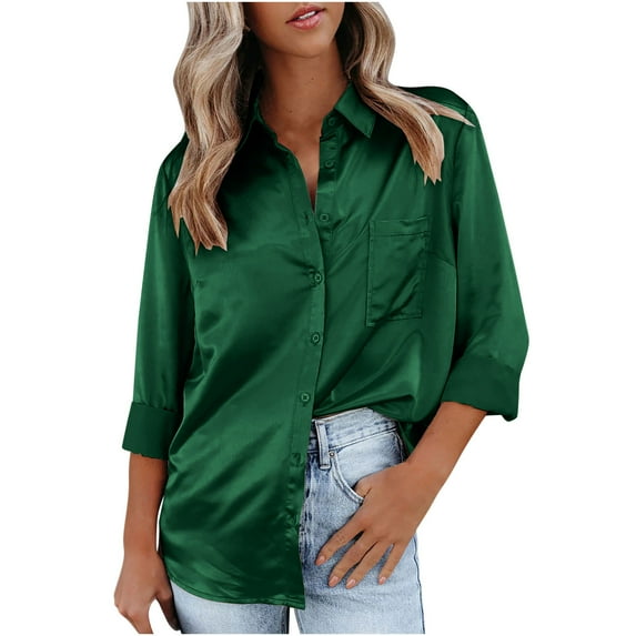 Sakmal Womens Tops Long Sleeve Collared Solid Button Pocket Tunic Ladies Shirts and Tops
