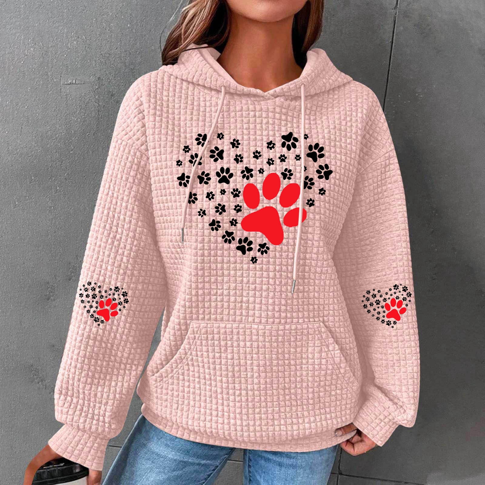 Sakmal Womens Tops Pink Long Sleeve Paw Crew Neck Hoodies Graphic