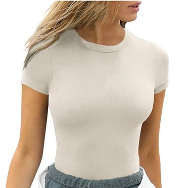 Sakmal Womens Tops Plus Size Beige Crew Neck Short Sleeve Solid Sexy Shaping Slim T Shirts for Women