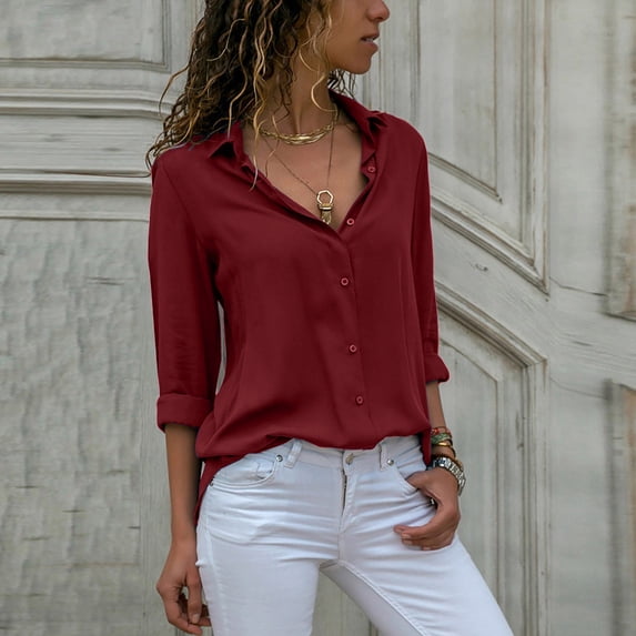 Sakmal Womens Tops Plus Size Long Sleeve Collared Button Solid Blouses Womens Shirts