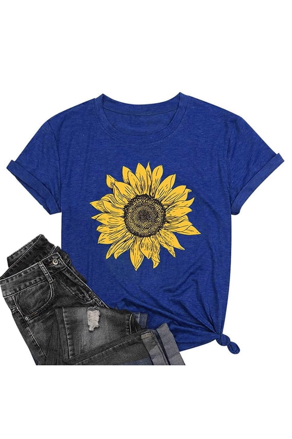 Womens Tops Plus Size Short Sleeve Sunflower Crew Neck Graphic T-Shirts Ladies Shirts $5,M