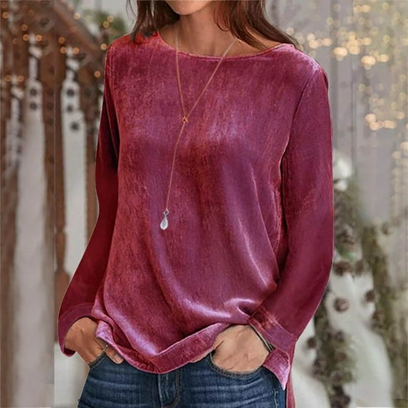 Sakmal Womens Tops Red Long Sleeve Velvet Solid Crew Neck T-Shirts Ladies Shirts Clearance $5