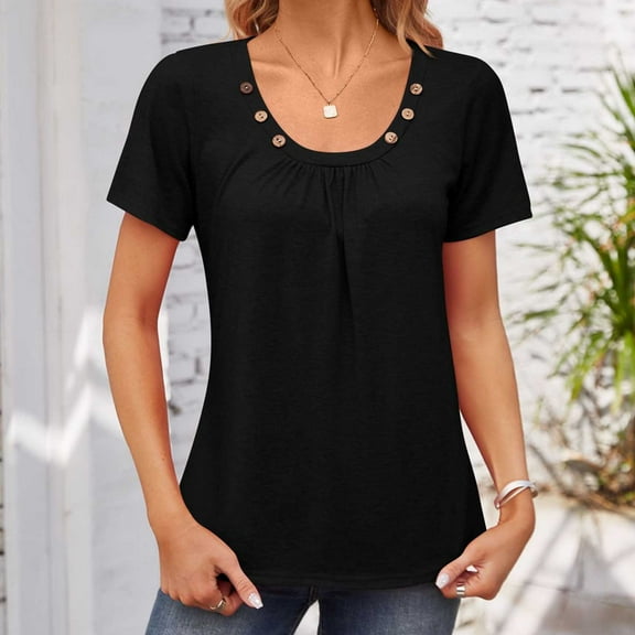 Sakmal Womens Tops Short Sleeve Black Solid Scoop Neck T-Shirts Womens T Shirts
