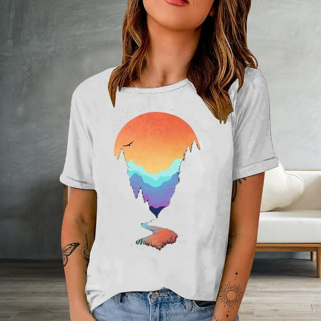Sakmal Womens Tops Short Sleeve Graphic Crew Neck T-Shirts Womens Shirts Clearance