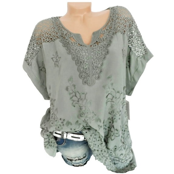 Sakmal Womens Tops Short Sleeve Notch Neck Lace Solid Cutout Blouses Plus Size Ladies Shirts