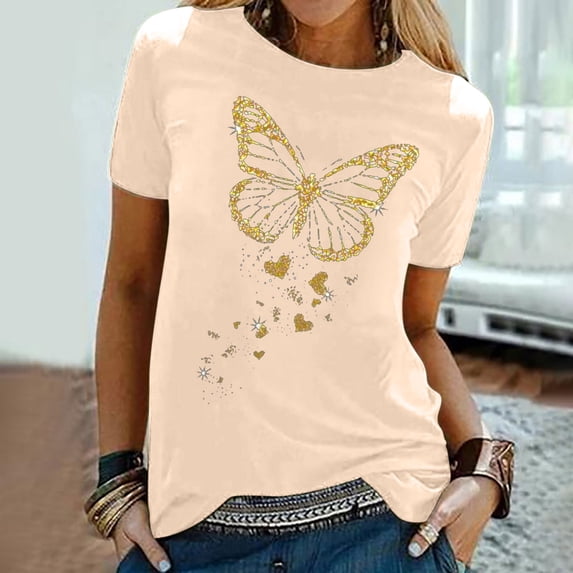 Sakmal Womens Tops Trendy Short Sleeve Yellow Crew Neck Butterfly Graphic T-Shirts Plus Size Ladies Shirts