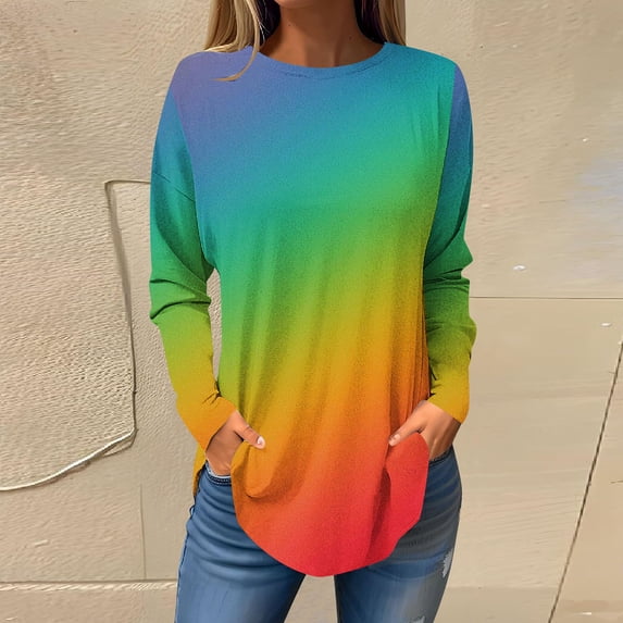 Sakmal Womens Tops Long Sleeve Gradient Crew Neck Pullover Womens T Shirts