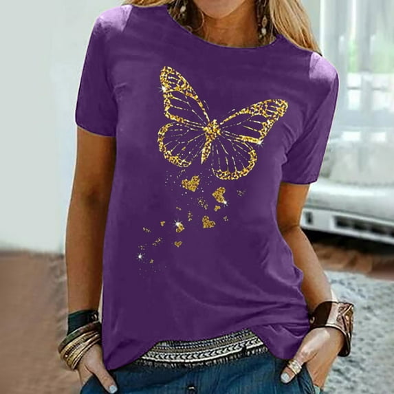 Sakmal Womens Tops Short Sleeve Purple Crew Neck Butterfly Graphic T-Shirts Womens T Shirts