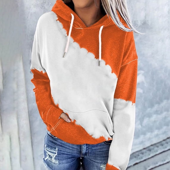 Sakmal Womens Tops Under $5 Long Sleeve Orange Crew Neck Patchwork Dropped Shoulder Hoodies T Shirts for Women,XXL