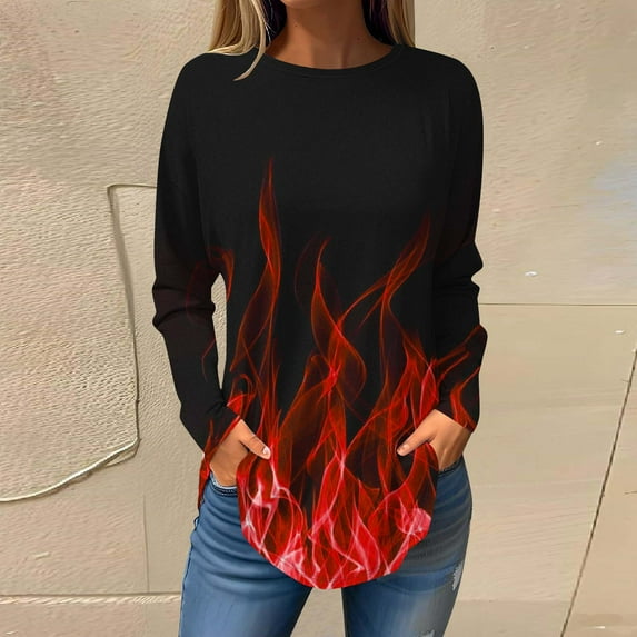 Sakmal Womens Tops Under $5 Long Sleeve Red Crew Neck Flame Graphic Tunic Womens T Shirts