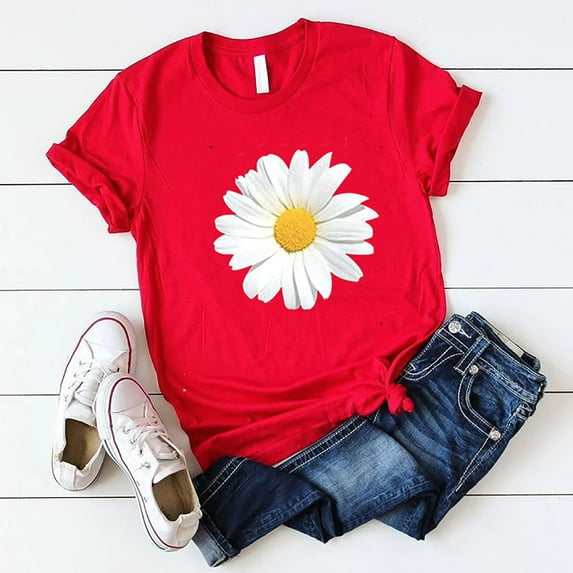 Sakmal Womens Tops Plus Size Red Short Sleeve Crew Neck Graphic Daisy T-Shirts Ladies Shirts $5