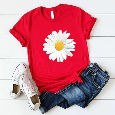 Sakmal Womens Tops&nbsp;Plus Size Red Short Sleeve Graphic Daisy Crew Neck T-Shirts Womens T Shirts