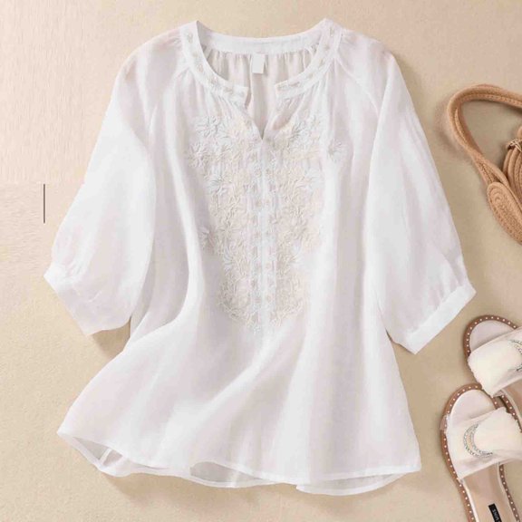 Sakmal Womens White Blouse 3/4 Sleeve Flutter Embroidered Shirts V-Neck Blouses Casual Tops for Women
