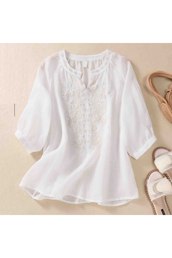 Womens White Blouse 3/4 Sleeve Flutter Embroidered Shirts V-Neck Blouses Casual Tops for Women