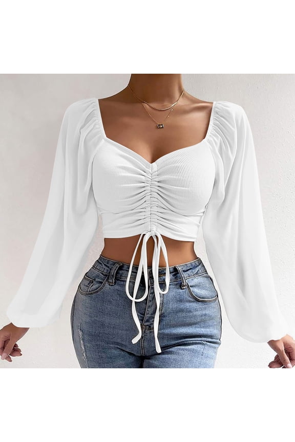 Womens White Blouse Drawstring Mesh Flutter Long Sleeve Shirts Deep V-Neck Crop Blouses Womens Tops Dressy Casual