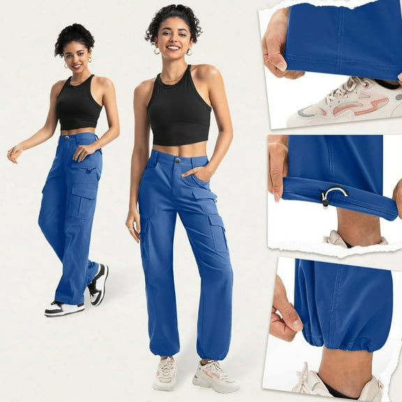Sakmal Womens Wide Leg Pants with Pockets Cargo Comfy Long Blue Pants for Women S-XXL
