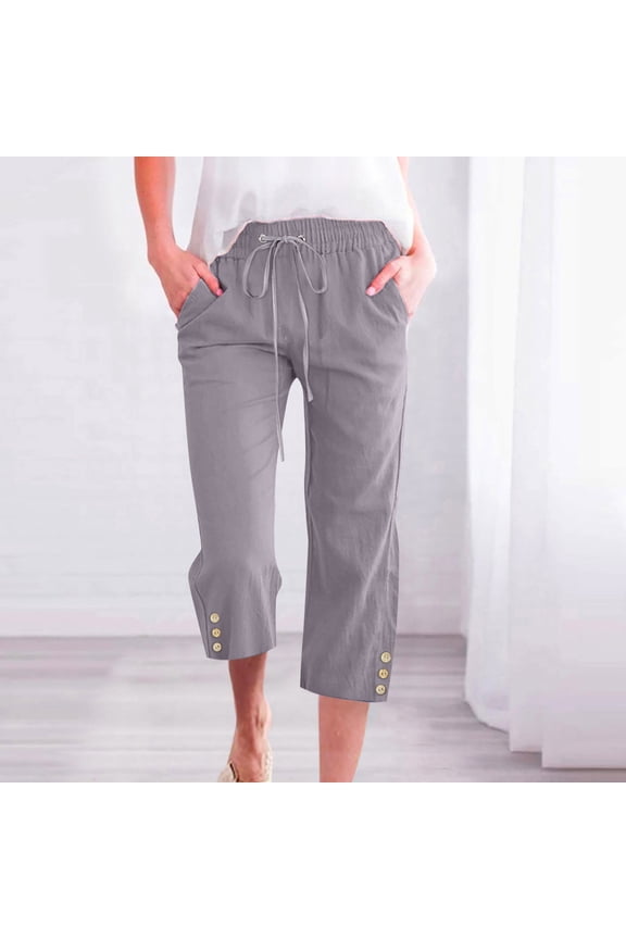 Work Capris for Women Gray Petite Cotton Linen Straight Leg Legging Solid High Waisted Drawstring Cropped Capris
