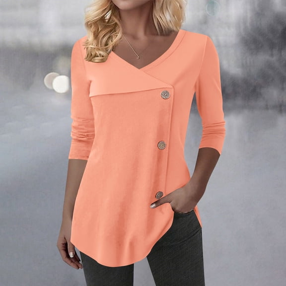 Sakmal Work Ladies Tops And Blouses Tunic Orange Tops V Neck Long Sleeve Solid Blouses for Women