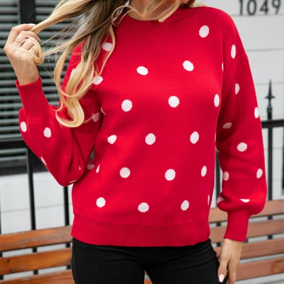 Sakmal Work Sweaters for Women Office Lightweight Red Polka Dot Fashion Crew Neck Sweater for Women L
