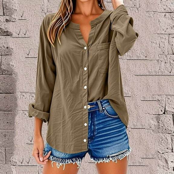 Sakmal Work Tops for Women Plus Size Yellow Button Down Tops V Neck Plain Long Sleeve Blouses for Women